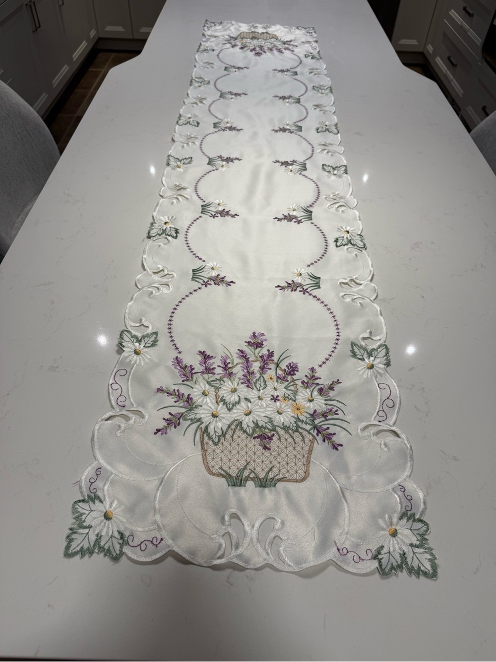 Embroidered Floral Basket Table Runner in White and Purple